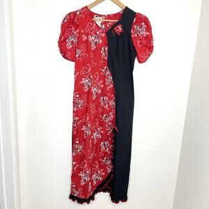 RM Hawaii Maxi Dress Womens Small Black Red Floral Poof Sleeve Tie Up